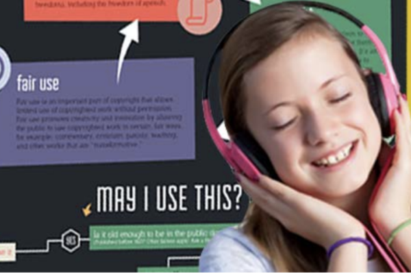 Adolescent girl listening to music on headphones in front of a Copyright & Creativity Fair Use Poster