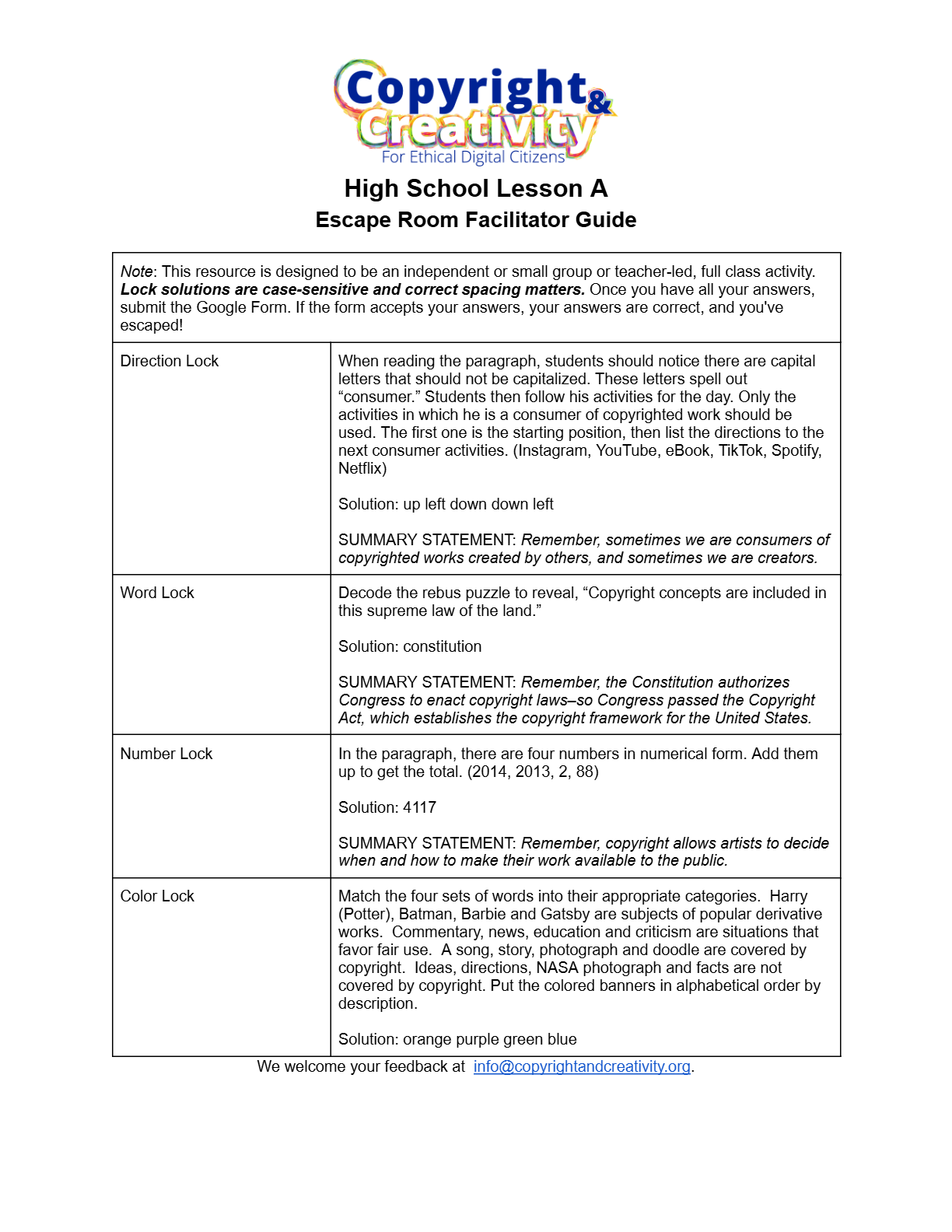 High school Lesson A escape room facilitator guide (PDF)
