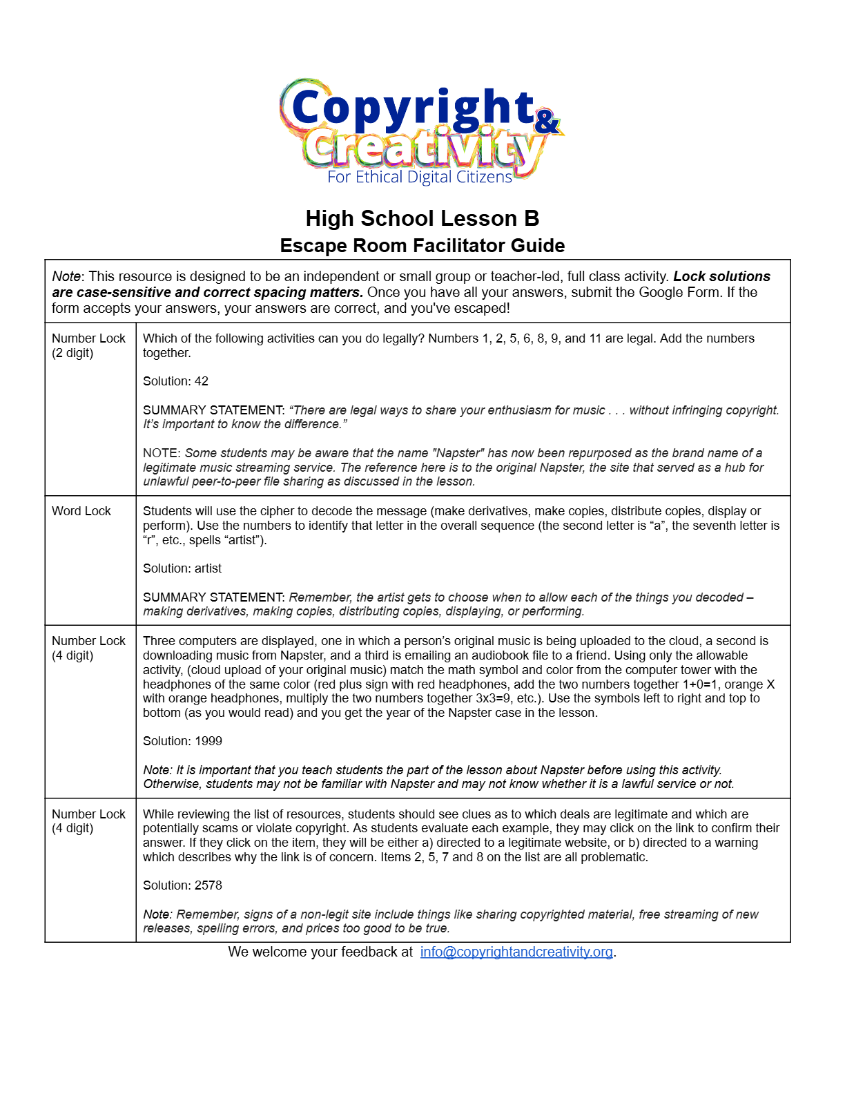 High school Lesson B escape room facilitator guide (PDF)