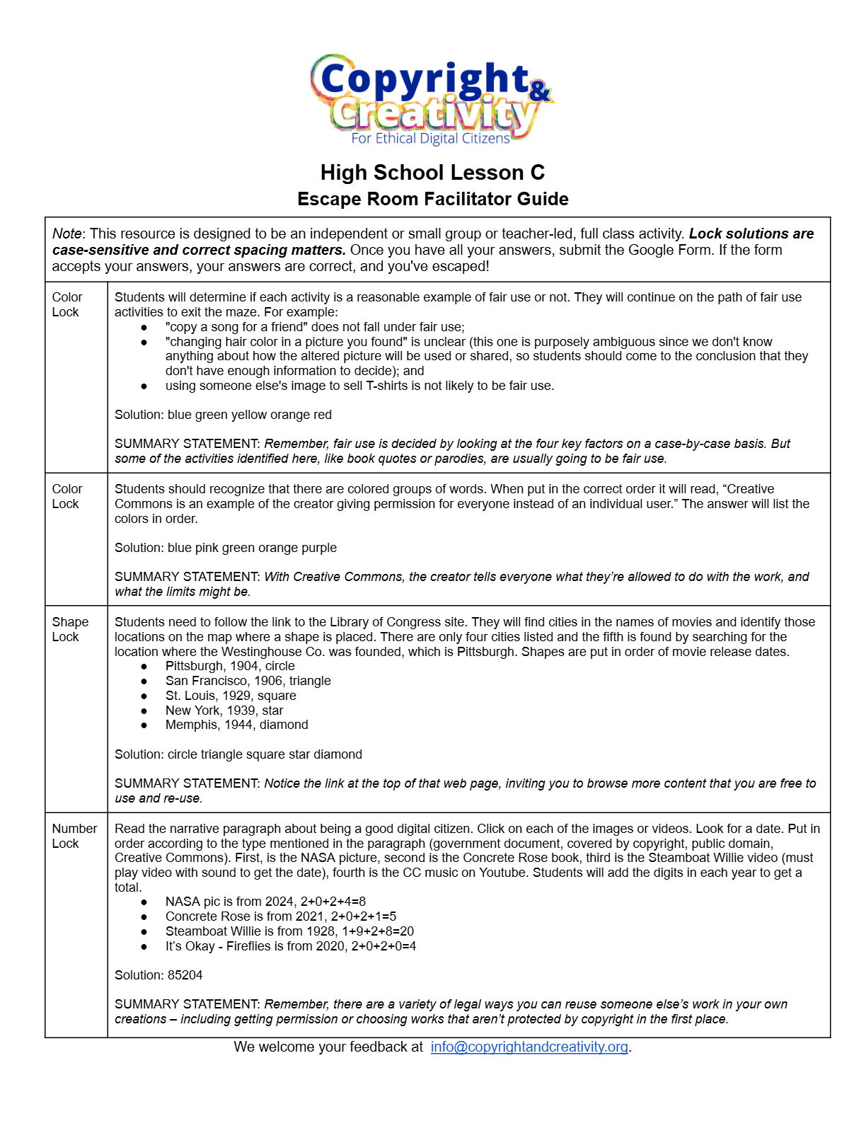 High school Lesson C escape room facilitator guide (PDF)