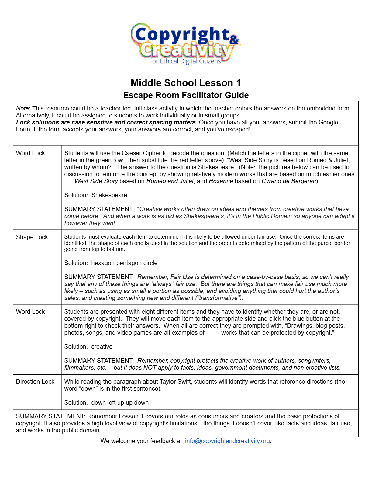 Middle school Lesson 1 escape room facilitator guide (PDF)