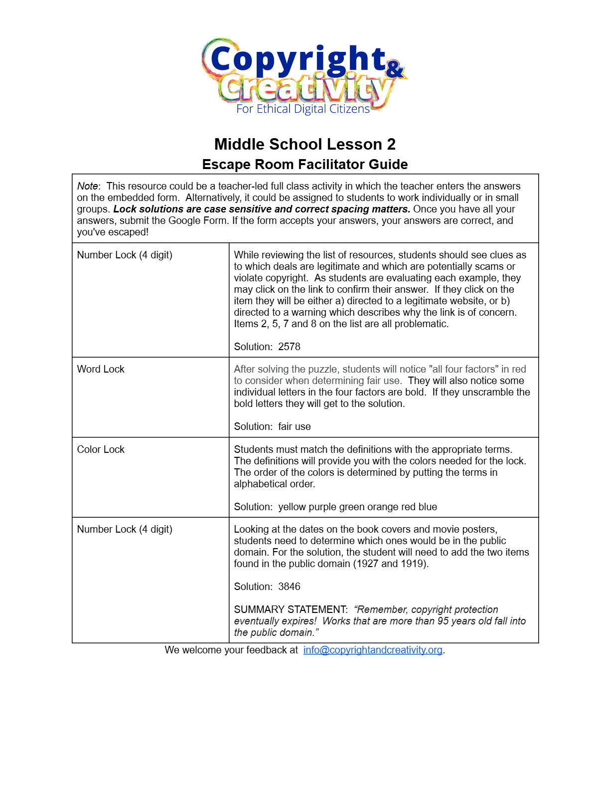 Middle school Lesson 2 escape room facilitator guide (PDF)