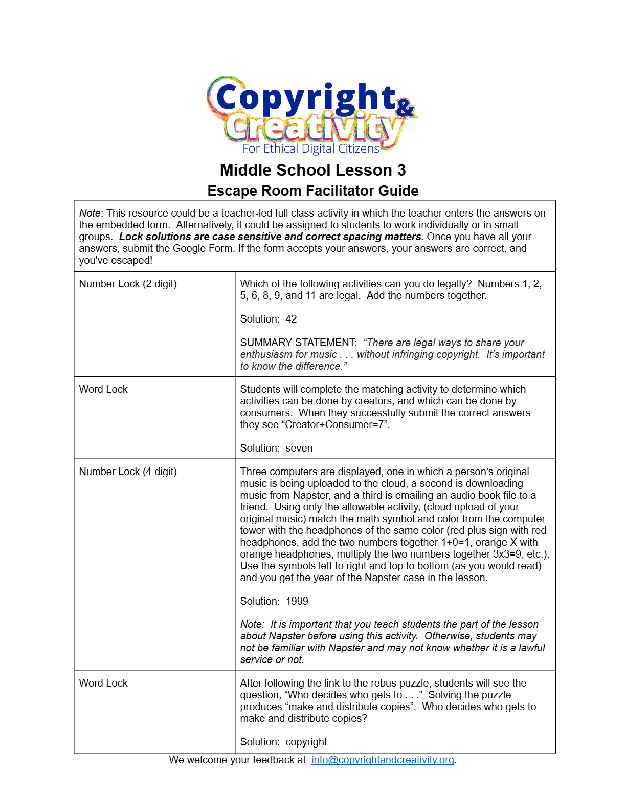 Middle school Lesson 3 escape room facilitator guide (PDF)