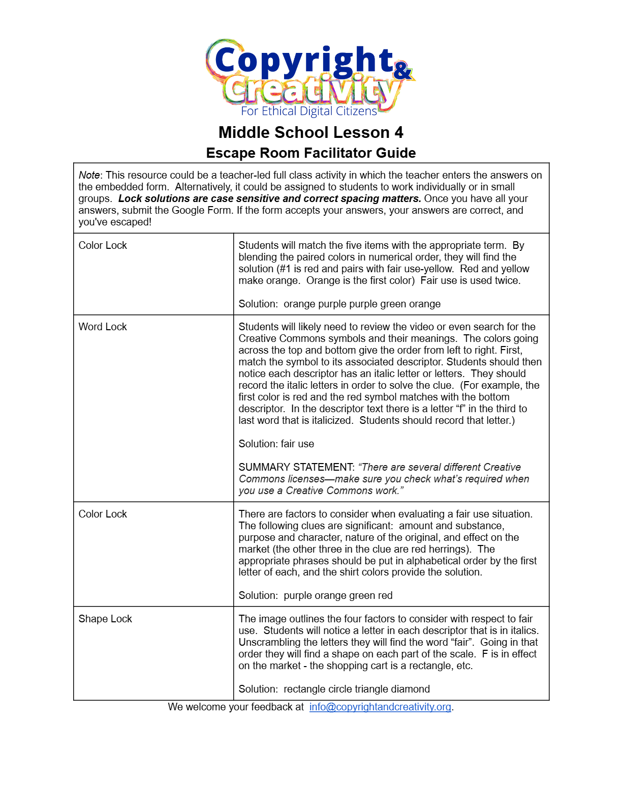 Middle school Lesson 4 escape room facilitator guide (PDF)